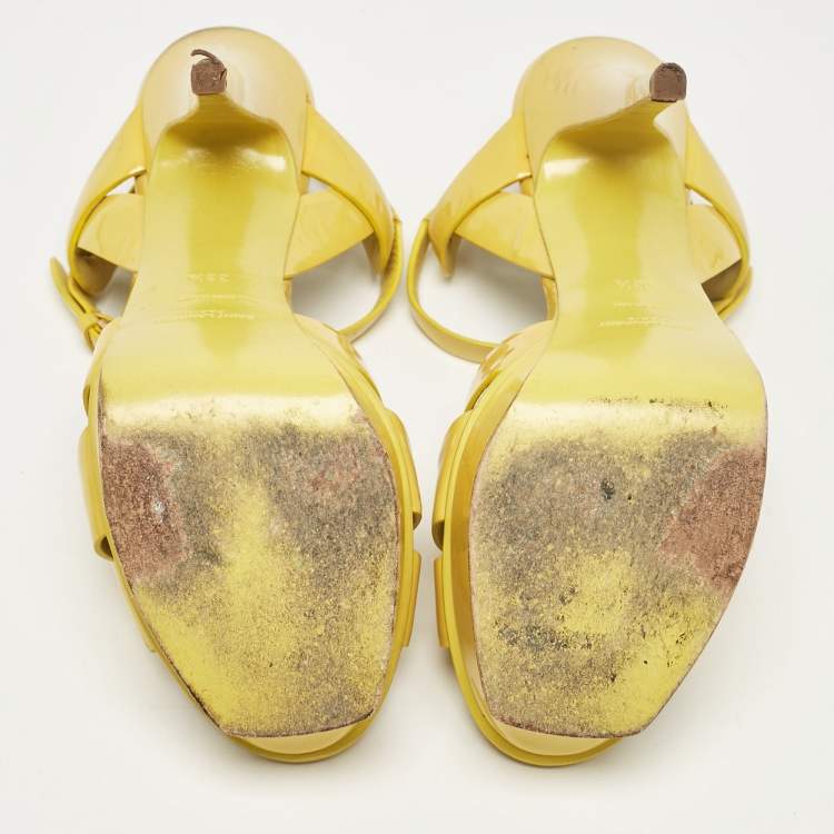 Pre Owned Saint Laurent Yellow Patent Tribute Platform Sandals Size 38.5