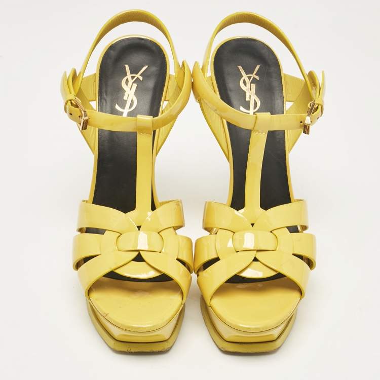 Pre Owned Saint Laurent Yellow Patent Tribute Platform Sandals Size 38.5