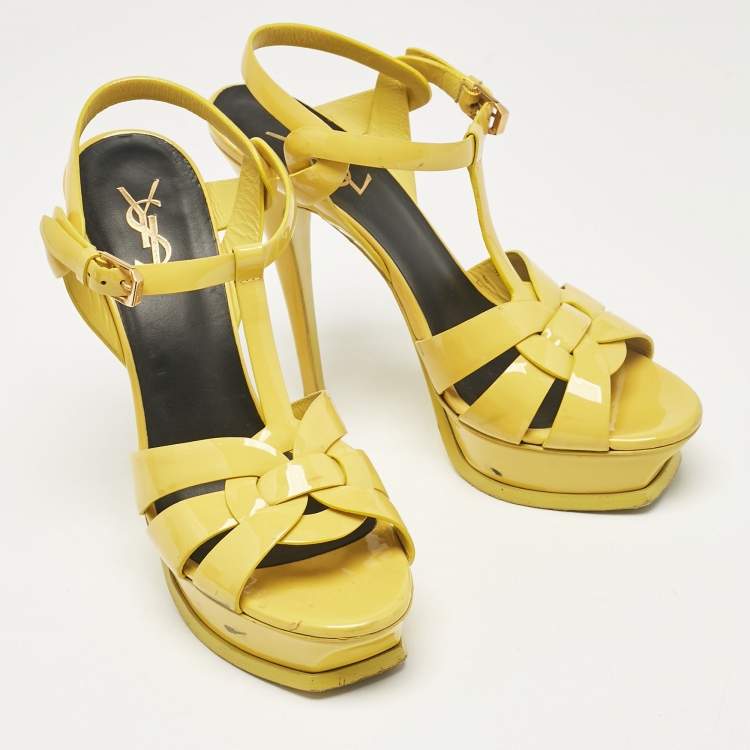 Pre Owned Saint Laurent Yellow Patent Tribute Platform Sandals Size 38.5