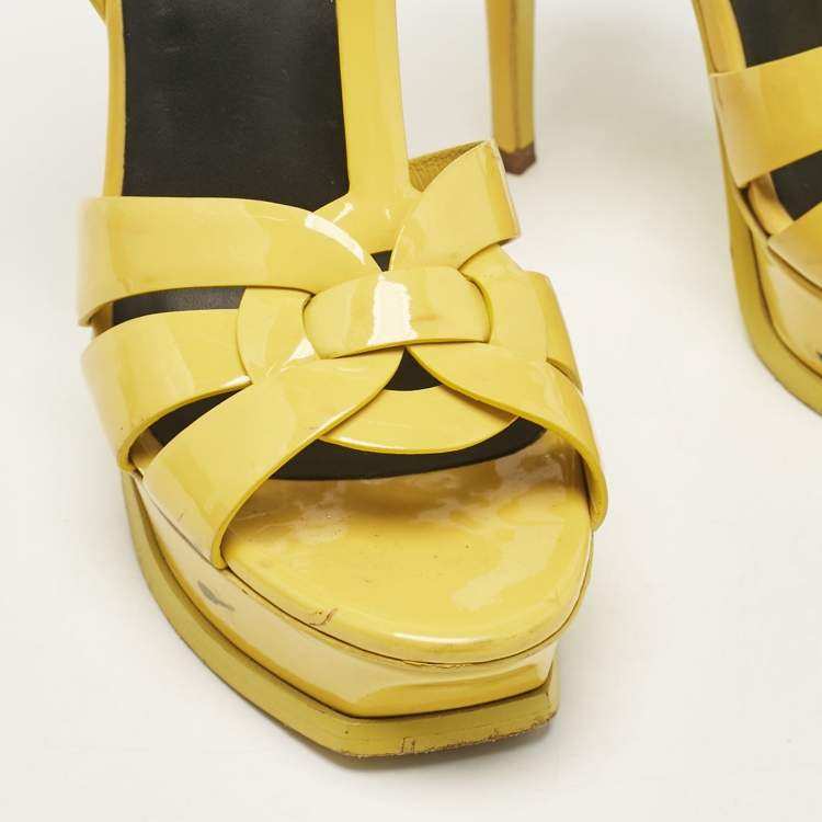 Pre Owned Saint Laurent Yellow Patent Tribute Platform Sandals Size 38.5