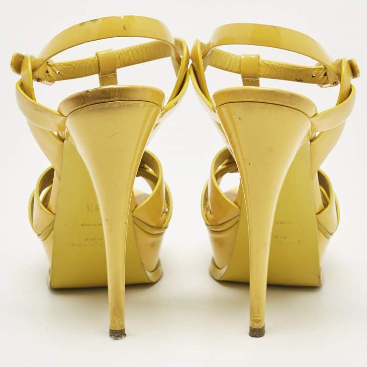 Pre Owned Saint Laurent Yellow Patent Tribute Platform Sandals Size 38.5