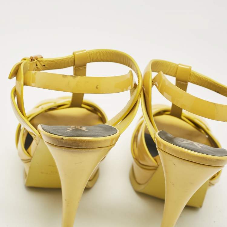 Pre Owned Saint Laurent Yellow Patent Tribute Platform Sandals Size 38.5