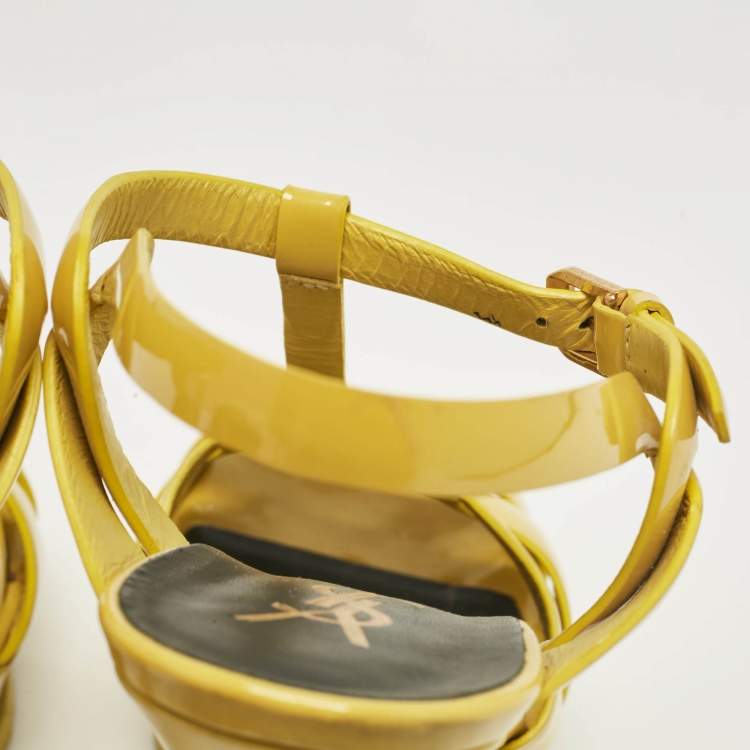 Pre Owned Saint Laurent Yellow Patent Tribute Platform Sandals Size 38.5