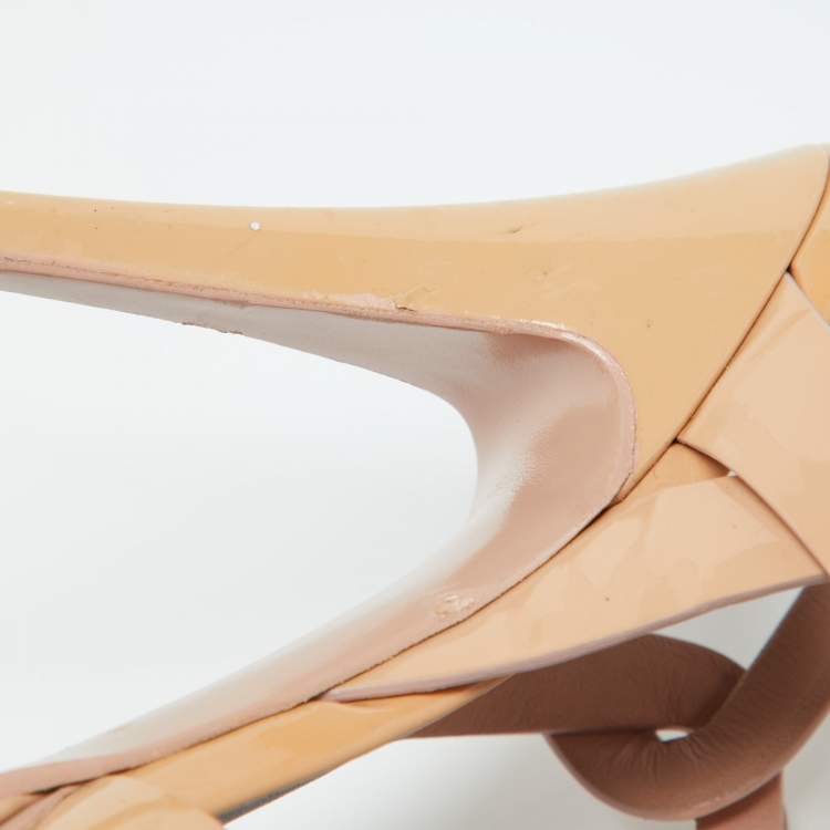 Pre Owned Saint Laurent Beige Patent Leather Tribute Platform Sandals Size 38.5