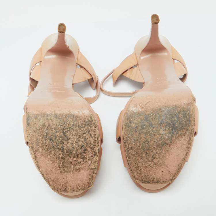 Pre Owned Saint Laurent Beige Patent Leather Tribute Platform Sandals Size 38.5