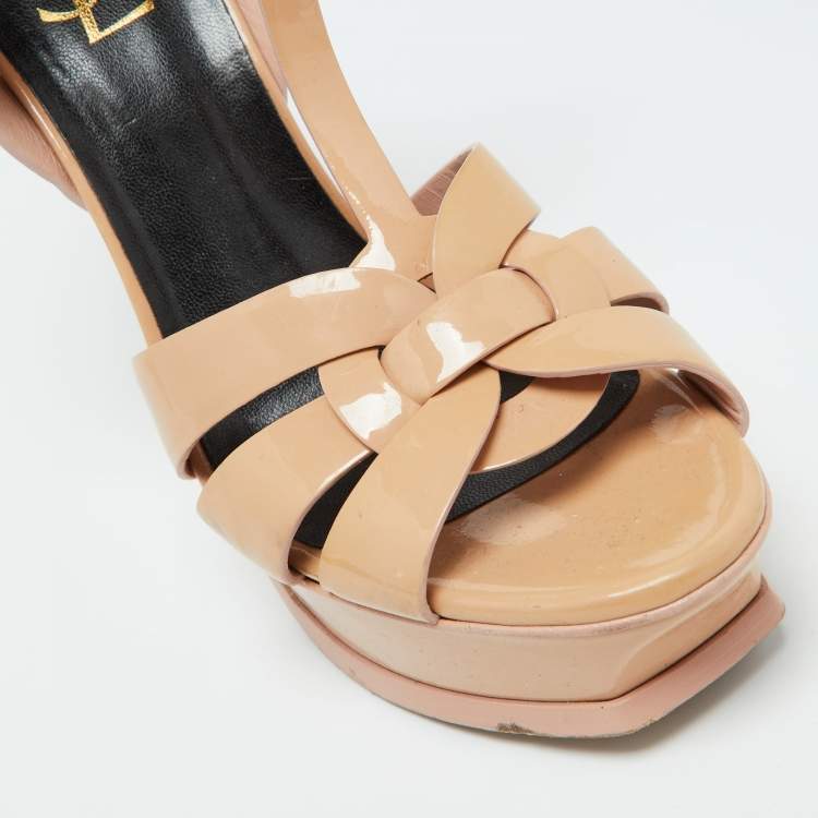 Pre Owned Saint Laurent Beige Patent Leather Tribute Platform Sandals Size 38.5