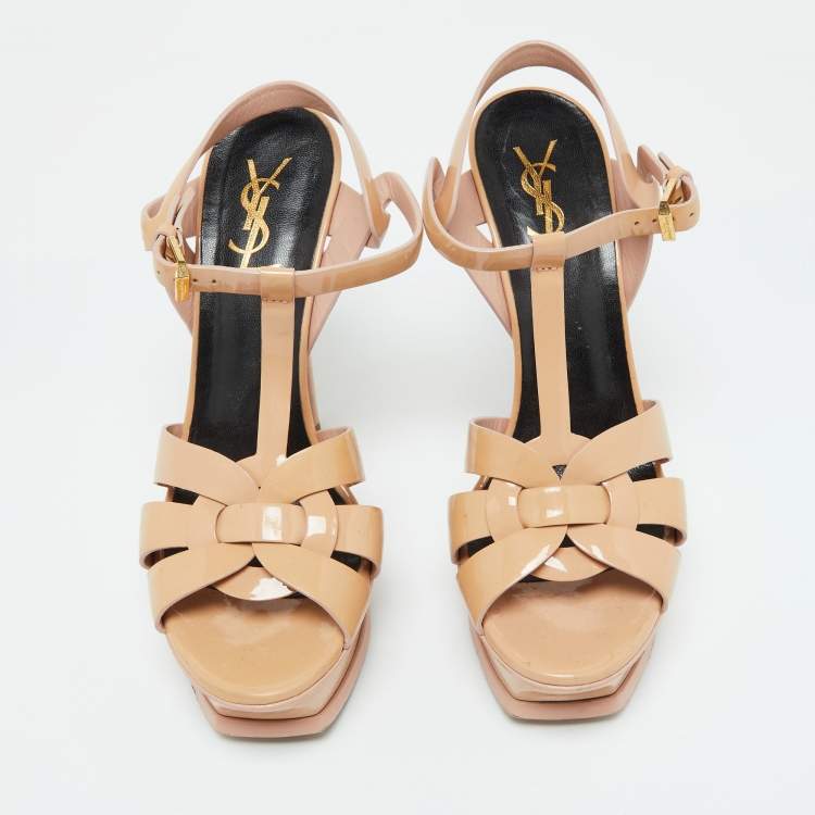 Pre Owned Saint Laurent Beige Patent Leather Tribute Platform Sandals Size 38.5