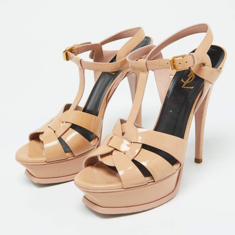 Pre Owned Saint Laurent Beige Patent Leather Tribute Platform Sandals Size 38.5