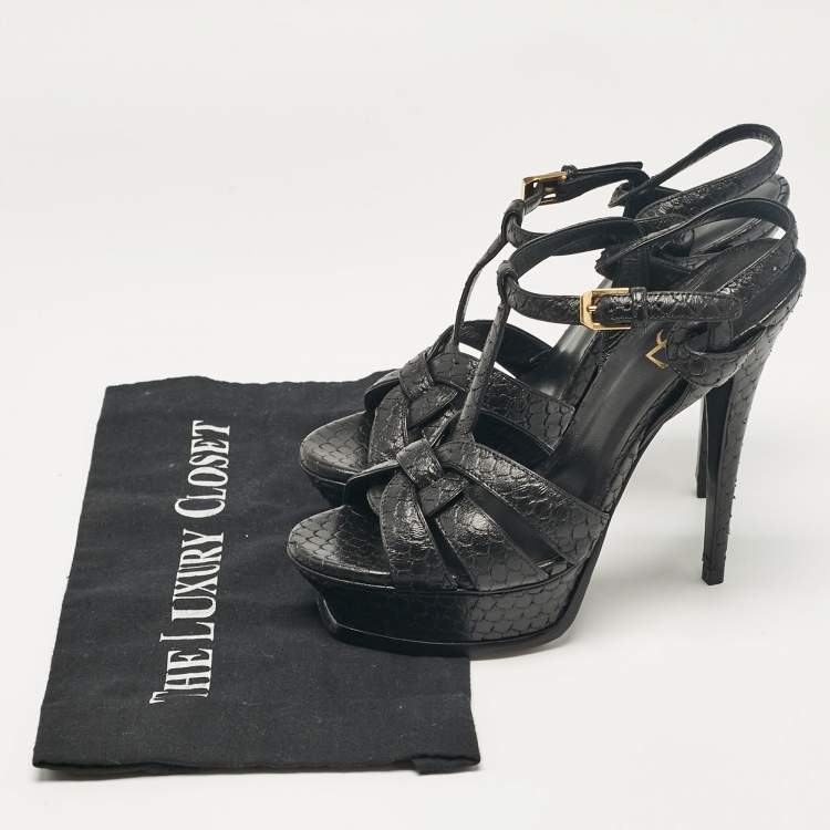 Pre Owned Saint Laurent Black Python Embossed Leather Tribute Platform Sandals Size 38