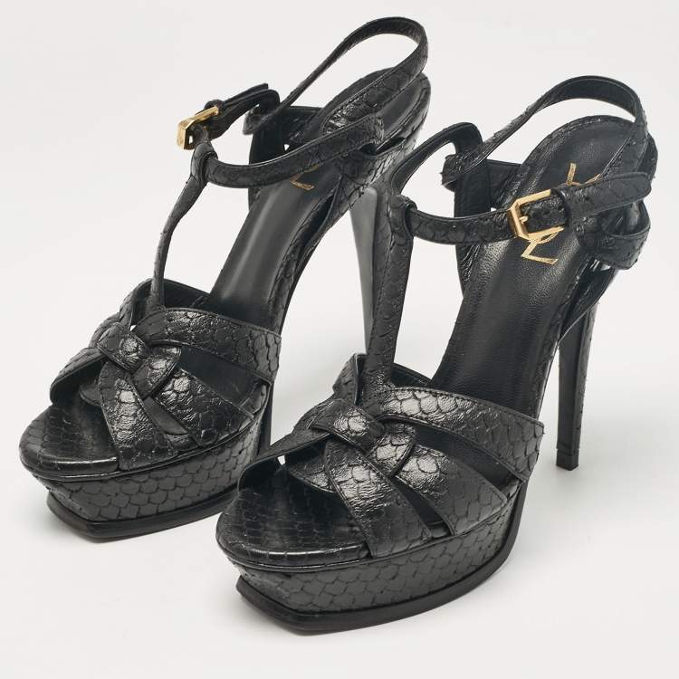 Pre Owned Saint Laurent Black Python Embossed Leather Tribute Platform Sandals Size 38