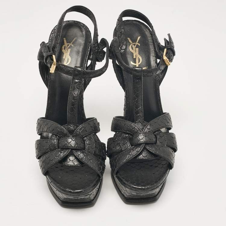 Pre Owned Saint Laurent Black Python Embossed Leather Tribute Platform Sandals Size 38