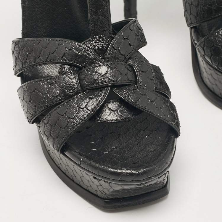Pre Owned Saint Laurent Black Python Embossed Leather Tribute Platform Sandals Size 38