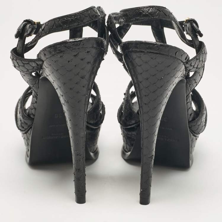 Pre Owned Saint Laurent Black Python Embossed Leather Tribute Platform Sandals Size 38