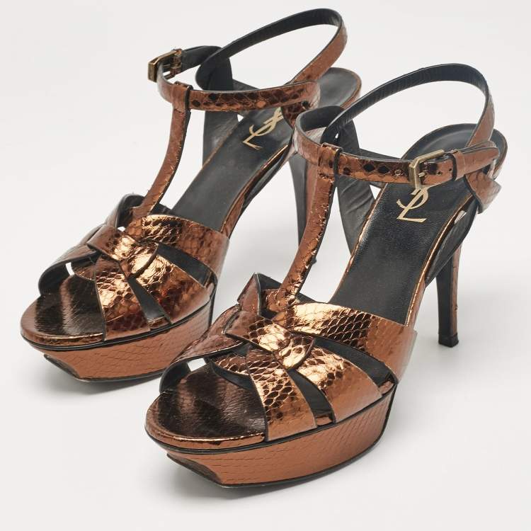 Pre Owned Saint Laurent Metallic Gold Python Embossed Leather Tribute Platform Sandals Size 39