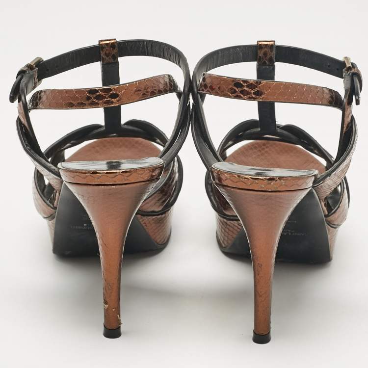 Pre Owned Saint Laurent Metallic Gold Python Embossed Leather Tribute Platform Sandals Size 39