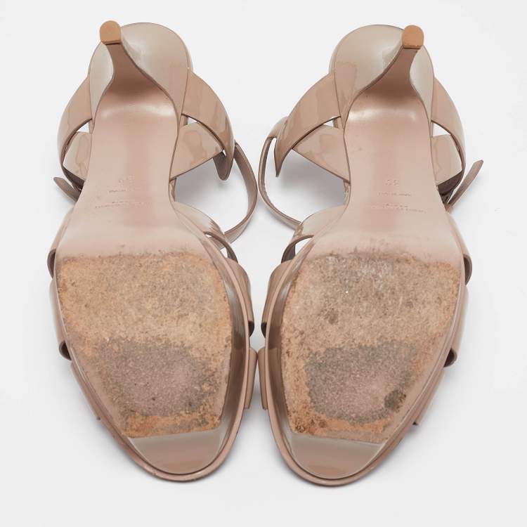 Pre Owned Saint Laurent Beige Patent Tribute Platform Sandals Size 39