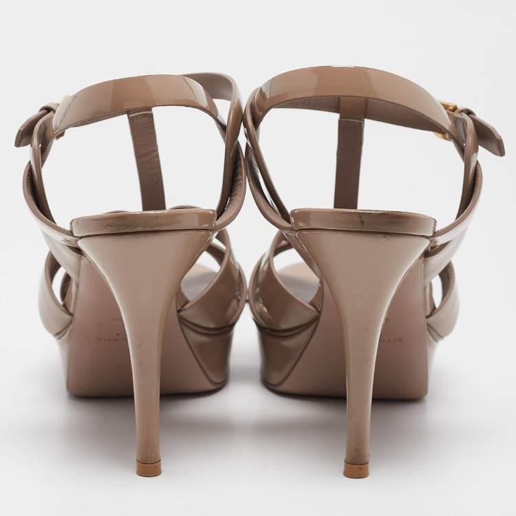 Pre Owned Saint Laurent Beige Patent Tribute Platform Sandals Size 39