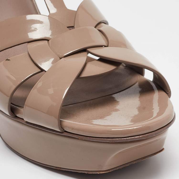 Pre Owned Saint Laurent Beige Patent Tribute Platform Sandals Size 39