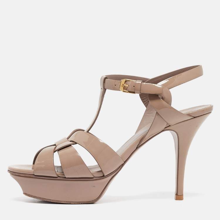Pre Owned Saint Laurent Beige Patent Tribute Platform Sandals Size 39