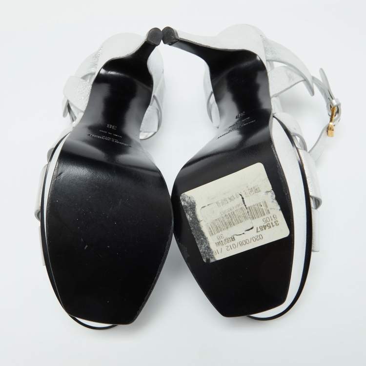 Pre Owned Saint Laurent Silver Leather Tribute Platform Sandals Size 38