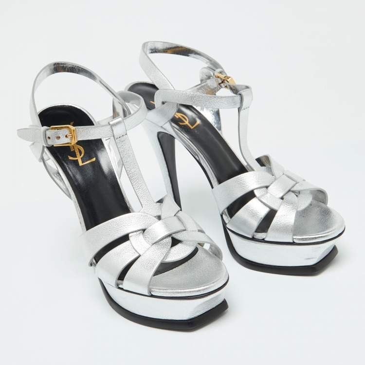 Pre Owned Saint Laurent Silver Leather Tribute Platform Sandals Size 38