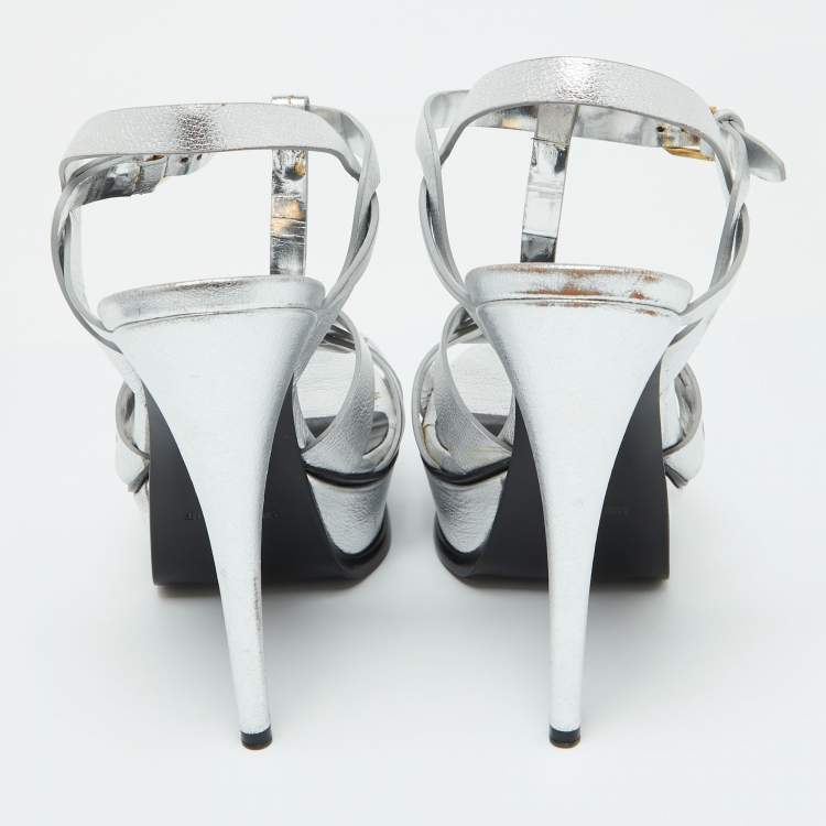 Pre Owned Saint Laurent Silver Leather Tribute Platform Sandals Size 38