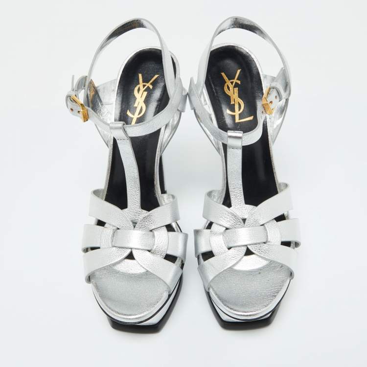 Pre Owned Saint Laurent Silver Leather Tribute Platform Sandals Size 38