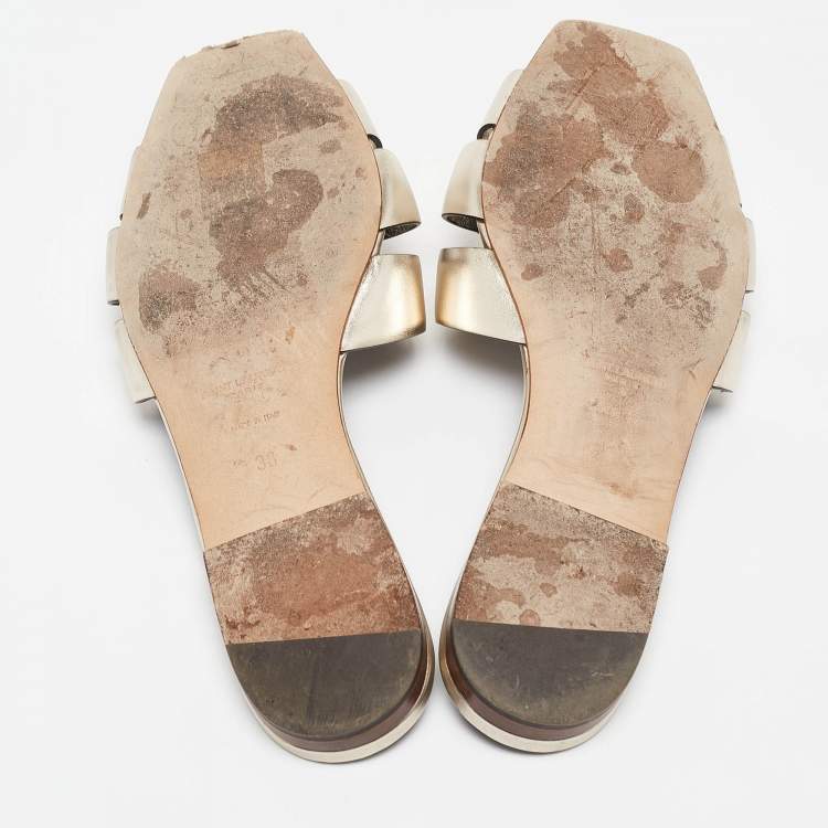 Pre Owned Saint Laurent Gold Leather Tribute Flat Slides Size 38