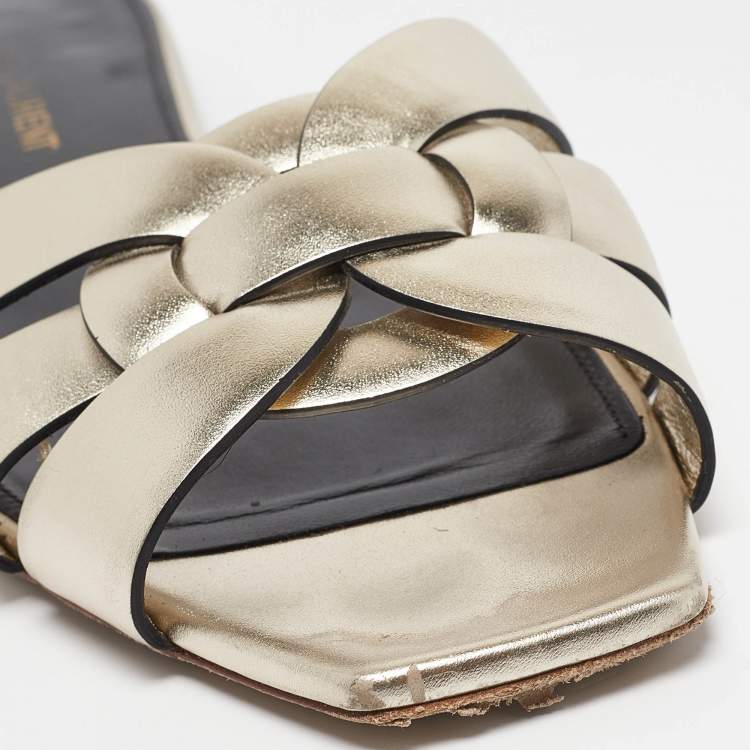 Pre Owned Saint Laurent Gold Leather Tribute Flat Slides Size 38