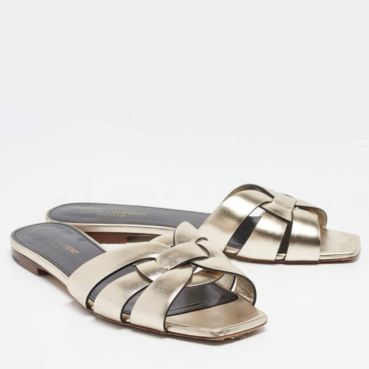 Pre Owned Saint Laurent Gold Leather Tribute Flat Slides Size 38