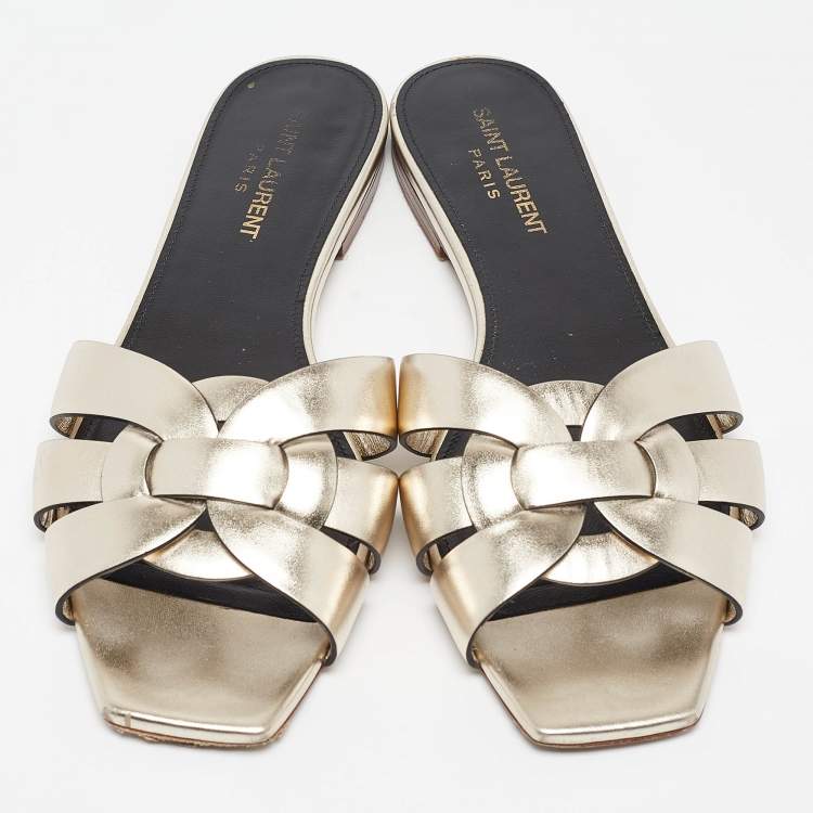 Pre Owned Saint Laurent Gold Leather Tribute Flat Slides Size 38
