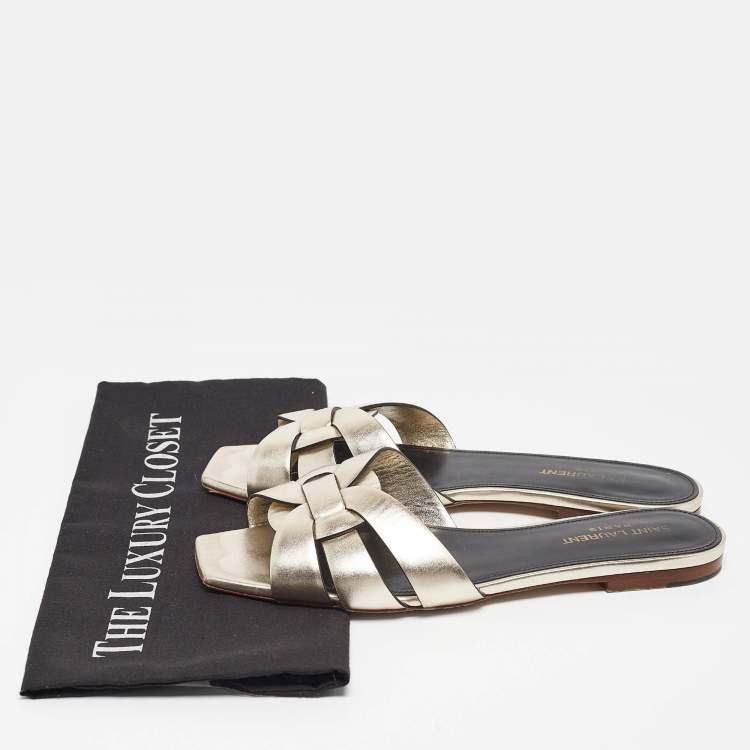 Pre Owned Saint Laurent Gold Leather Tribute Flat Slides Size 38