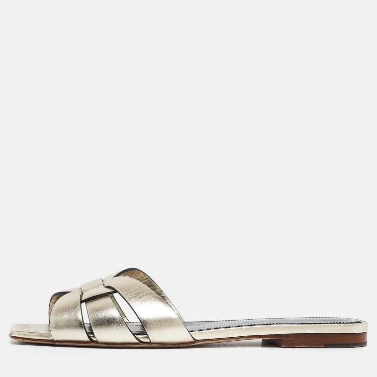 Pre Owned Saint Laurent Gold Leather Tribute Flat Slides Size 38