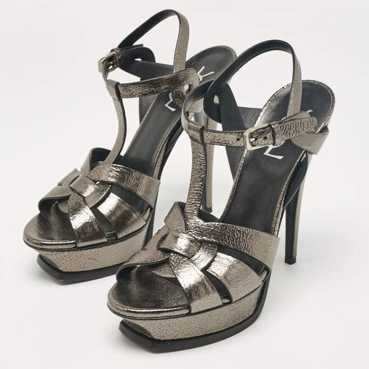 Pre Owned Saint Laurent Metallic Leather Tribute Ankle Strap Sandals Size 38
