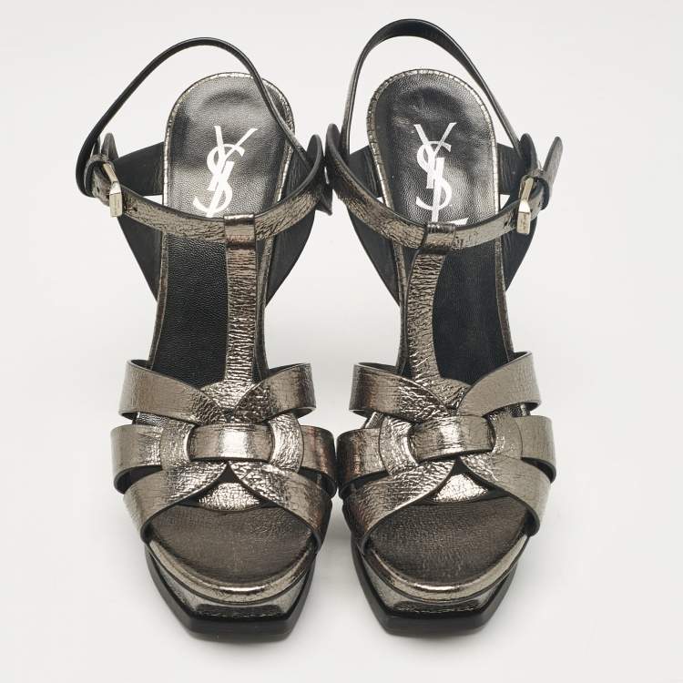 Pre Owned Saint Laurent Metallic Leather Tribute Ankle Strap Sandals Size 38