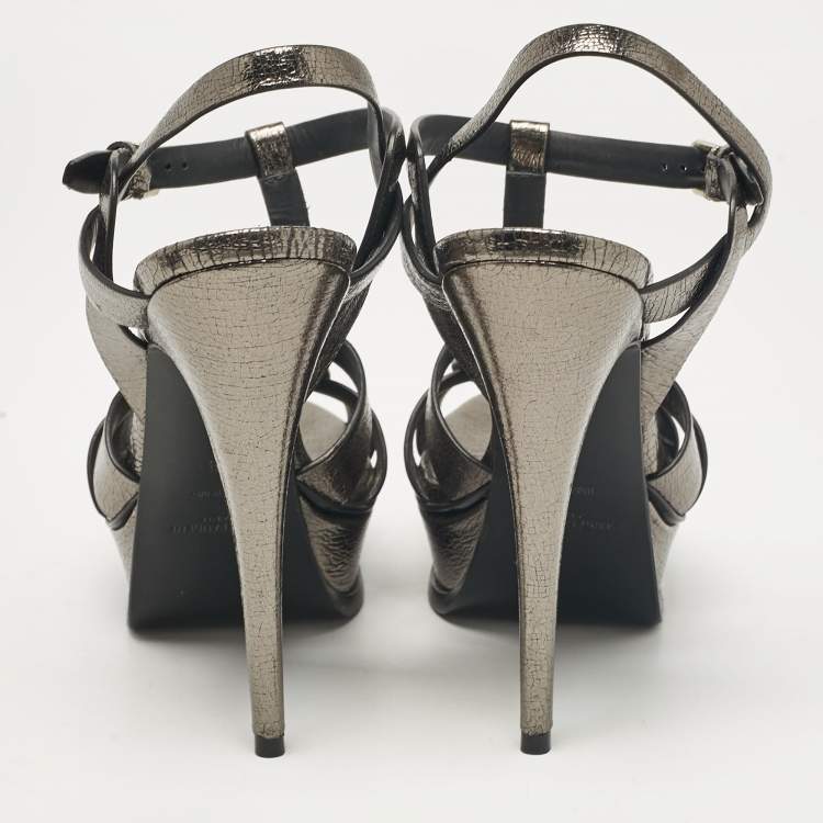 Pre Owned Saint Laurent Metallic Leather Tribute Ankle Strap Sandals Size 38