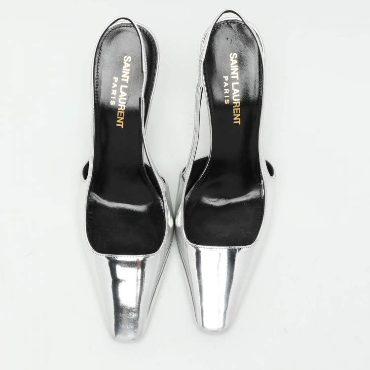 مملوكة مسبقًا Saint Laurent Silver Leather Blade Slingback Pumps Size 36