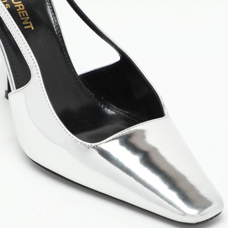 مملوكة مسبقًا Saint Laurent Silver Leather Blade Slingback Pumps Size 36