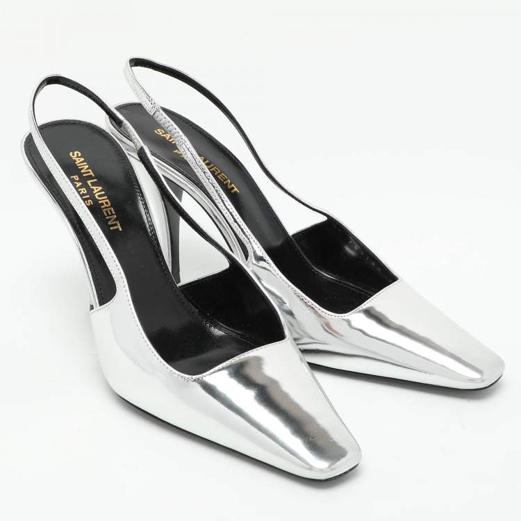 مملوكة مسبقًا Saint Laurent Silver Leather Blade Slingback Pumps Size 36