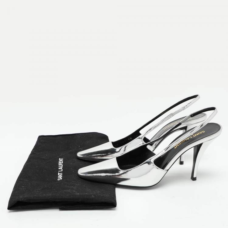 مملوكة مسبقًا Saint Laurent Silver Leather Blade Slingback Pumps Size 36