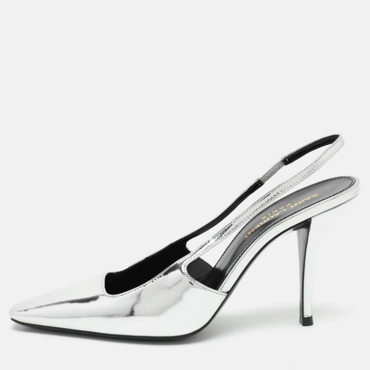 مملوكة مسبقًا Saint Laurent Silver Leather Blade Slingback Pumps Size 36