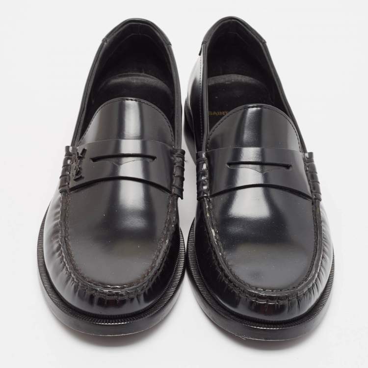 Pre Owned Saint Laurent Black Leather Slip On Loafers Size 38