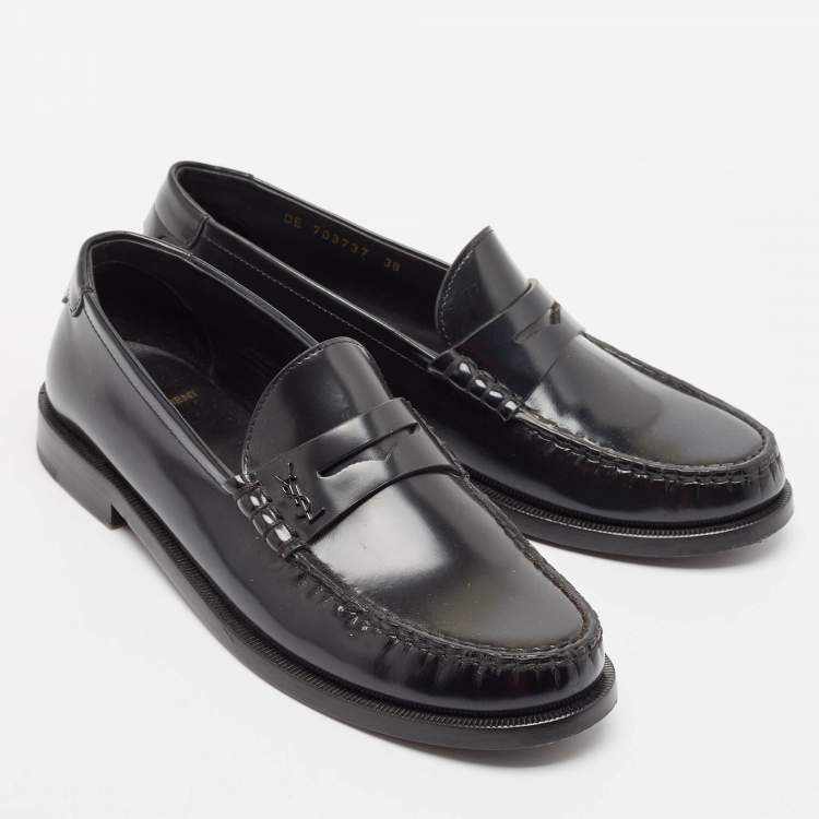 Pre Owned Saint Laurent Black Leather Slip On Loafers Size 38