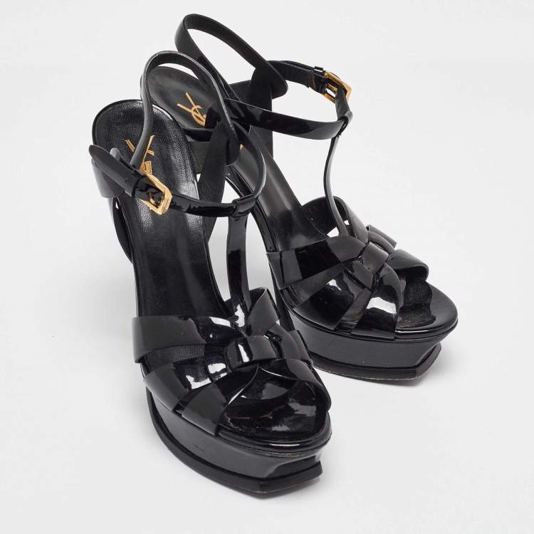 Pre Owned Saint Laurent Black Patent Leather Tribute Ankle Strap Sandals 38.5