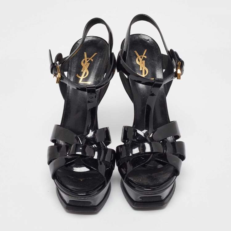Pre Owned Saint Laurent Black Patent Leather Tribute Ankle Strap Sandals 38.5