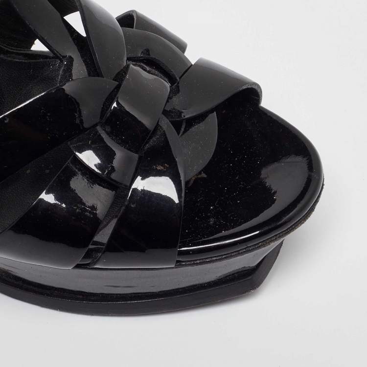 Pre Owned Saint Laurent Black Patent Leather Tribute Ankle Strap Sandals 38.5