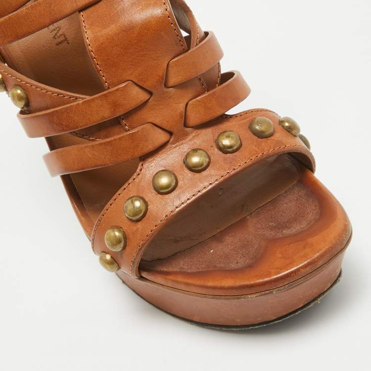 Pre Owned Saint Laurent Brown Leather Gladiator Slide Sandals Size 37
