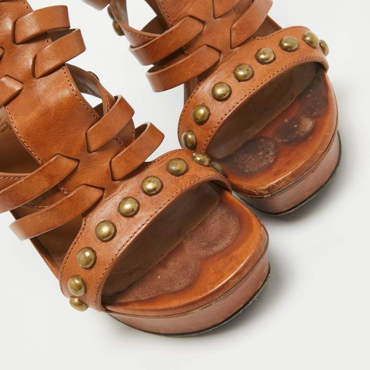 Pre Owned Saint Laurent Brown Leather Gladiator Slide Sandals Size 37