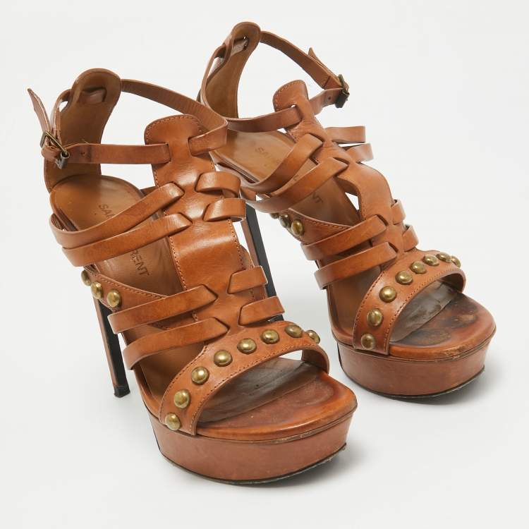 Pre Owned Saint Laurent Brown Leather Gladiator Slide Sandals Size 37