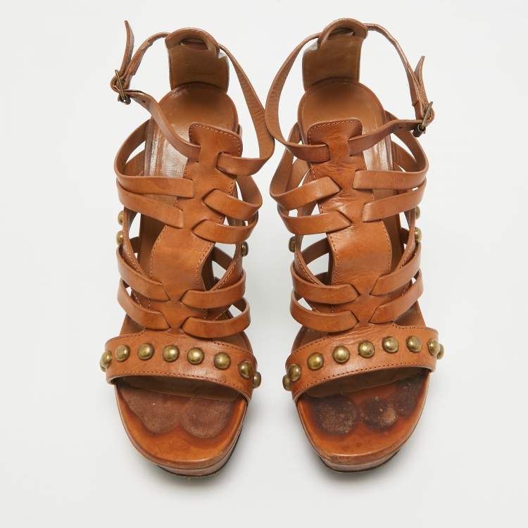 Pre Owned Saint Laurent Brown Leather Gladiator Slide Sandals Size 37